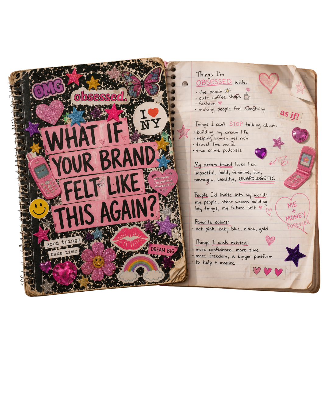 An open notebook covered in Y2K stickers, glitter stars, and handwritten notes about what you're obsessed with and what your dream brand looks like